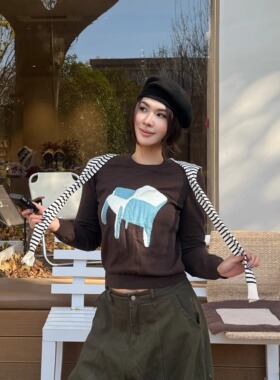 RUSTLE INTERLUDE趣味椅子系列提花针织圆领套头毛衣针织衫亲肤