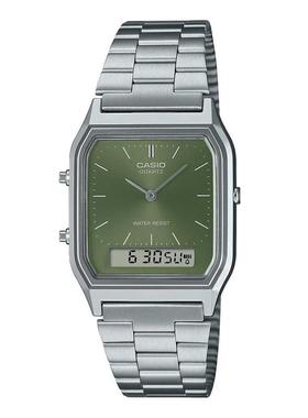 代购卡西欧男女腕表计时闹钟日期双显金属钢带防水绿色商务休闲