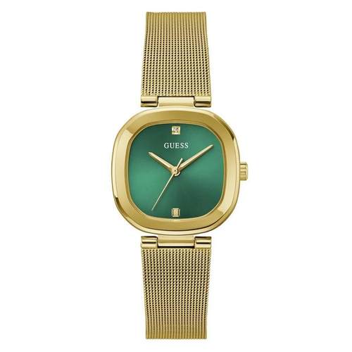 代购GUESS女士腕表时间日期防水指针金属钢带绿色金色商务休闲