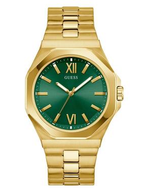 代购GUESS男士腕表指针日期夜光防水金色金属钢带绿色商务休闲