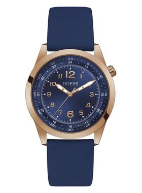 代购GUESS男士腕表计时夜光日期显示测速硅胶带蓝色表盘金色表壳