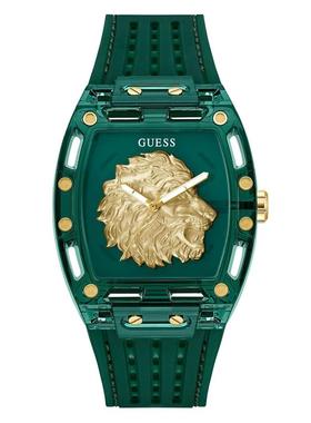 代购GUESS男士腕表计时夜光日期防水绿色透明硅胶金属商务休闲