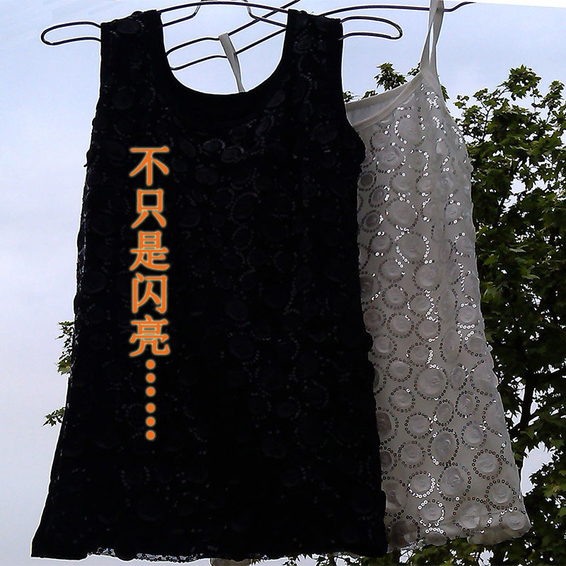 2024春夏新款女装无袖上衣亮片波点吊带露肩背心贴布补丁打底衫潮