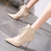 气质高跟短靴女2025年秋冬新款 网红系带黑色瘦瘦靴尖头细跟马丁靴