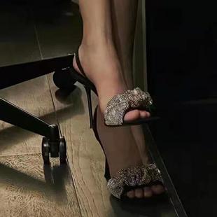 明星同款女凉鞋2025年新款露趾拖鞋仙女风水钻细跟AW高跟鞋大王