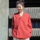 开衫 茶服设计感长袖 外套 中式 复古棉麻v领系带斜襟盘扣上衣女衬衫