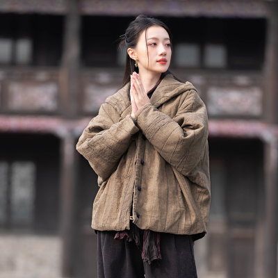 原创夹棉短款连帽宽松盘扣棉衣