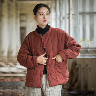 棉袄外套 中式 秋冬新款 棉衣文艺棉麻女士复古方格气质盘扣棉服女装