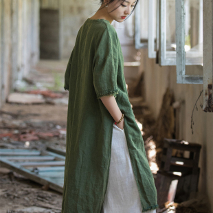 连衣裙女 棉麻短袖 2025复古毛边高开叉文艺长袍子宽松大码 禅意长款