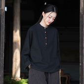 复古撞色套头衫 盘扣立领上衣苎麻宽松衬衫 茶服汉服 新中式 棉麻女装