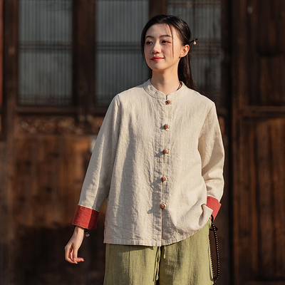 苎麻拼色扣和袖太极服开衫外套