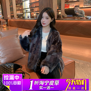 水貂毛皮草外套女中老年妈妈款皮毛一体加厚大码海宁小母貂大衣冬