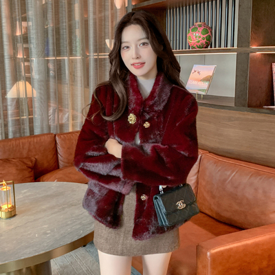 海宁水貂毛皮草短款皮毛一体外套