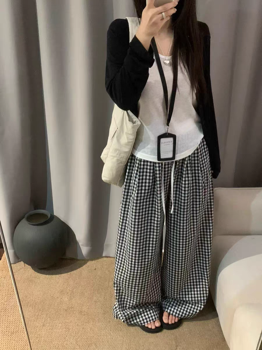 欧洲站2026春季新款韩版时尚松紧腰宽松显瘦百搭格子长裤女套装