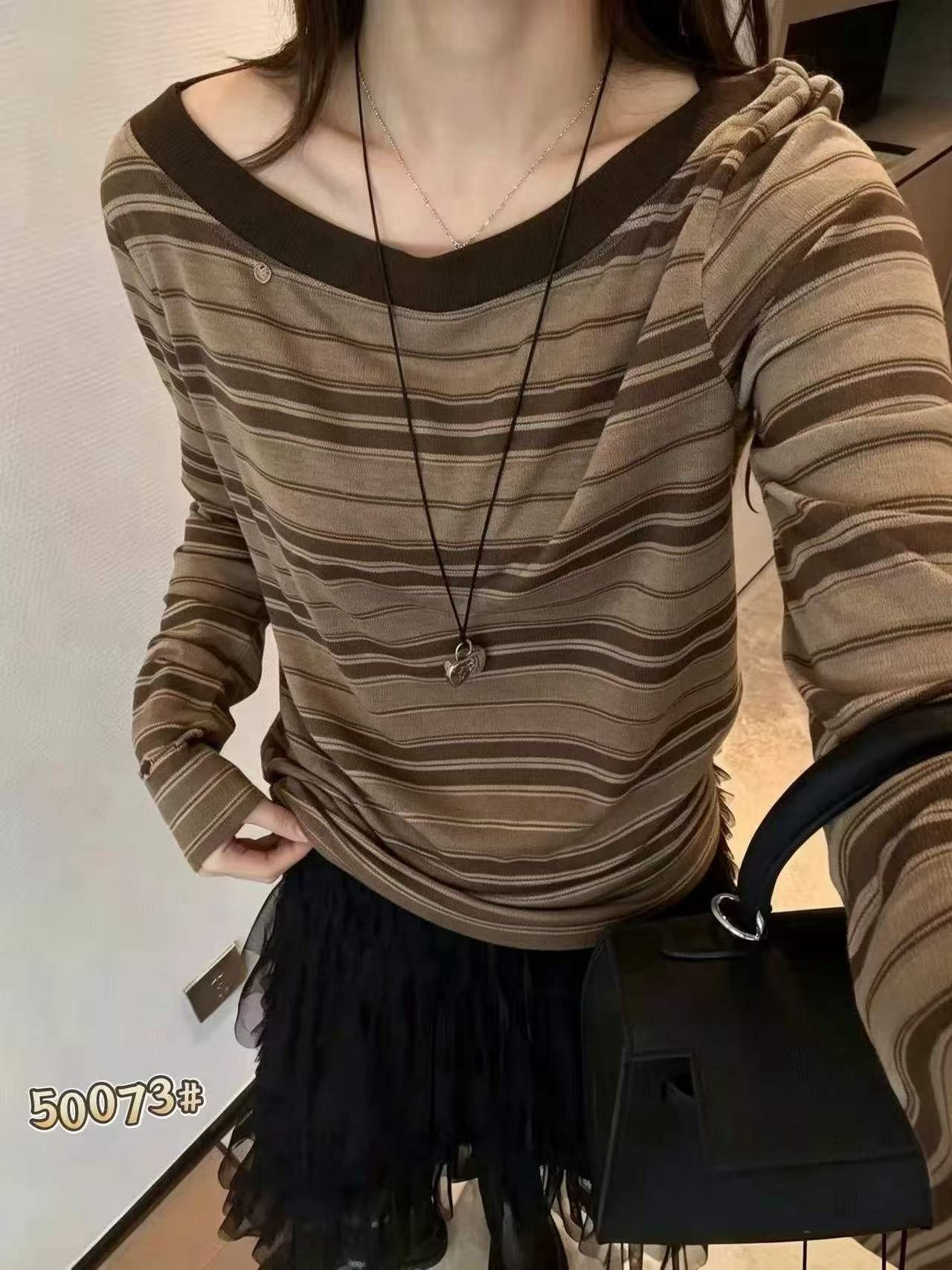欧洲站2026秋季新韩版时尚一字领宽松显瘦百搭条纹长袖T恤女