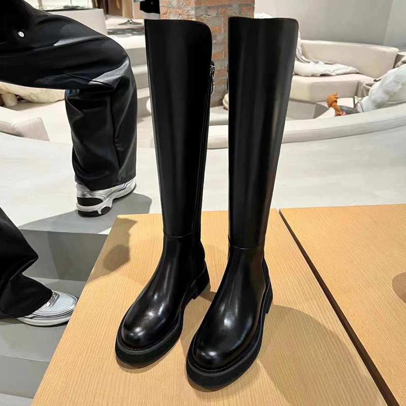 显瘦厚底直筒骑士靴真皮侧拉链长靴女秋冬高筒靴英伦风弹力长筒靴