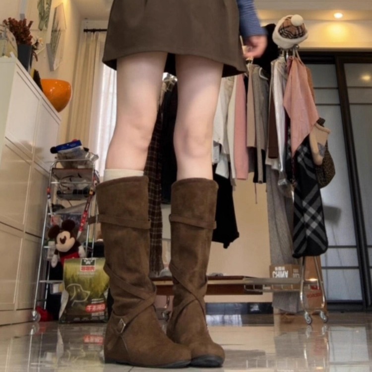 增高7cm~时髦交叉带平底西部靴圆头中高筒骑士靴长筒靴子女堆堆靴