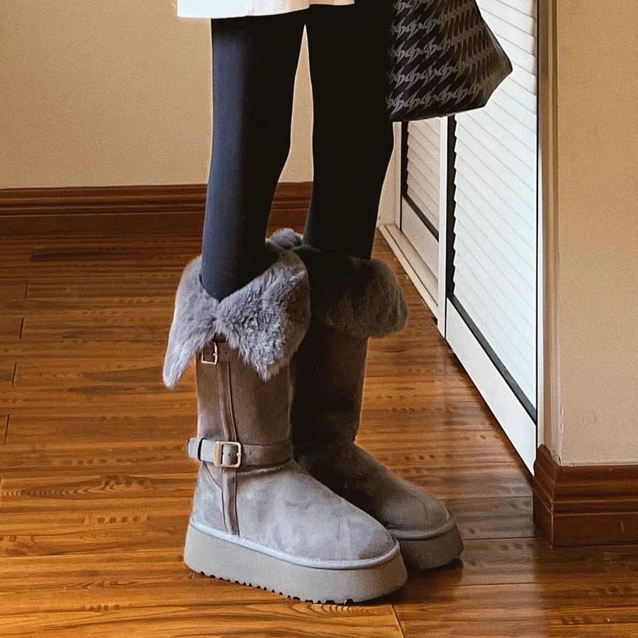 小个子厚底灰色长筒雪地靴女2025冬新款增高加绒加厚保暖东北棉鞋