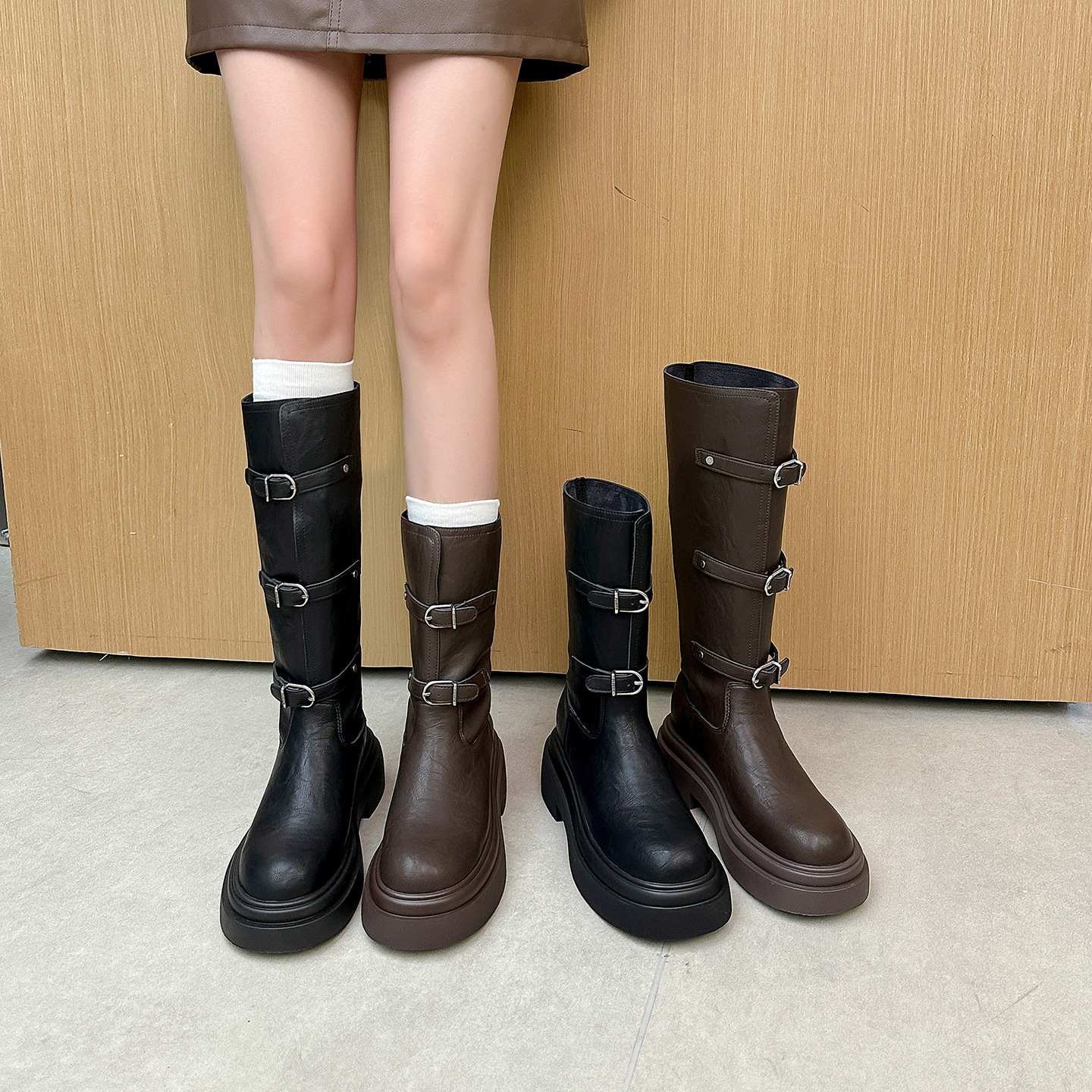 厚底美拉德洋气短靴女2025秋冬新款英伦风靴子女长筒靴棕色马丁