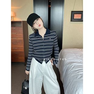 潮流品尚早秋柔简约风Polo领条纹双头拉链短款 M9076 长袖 针织开衫