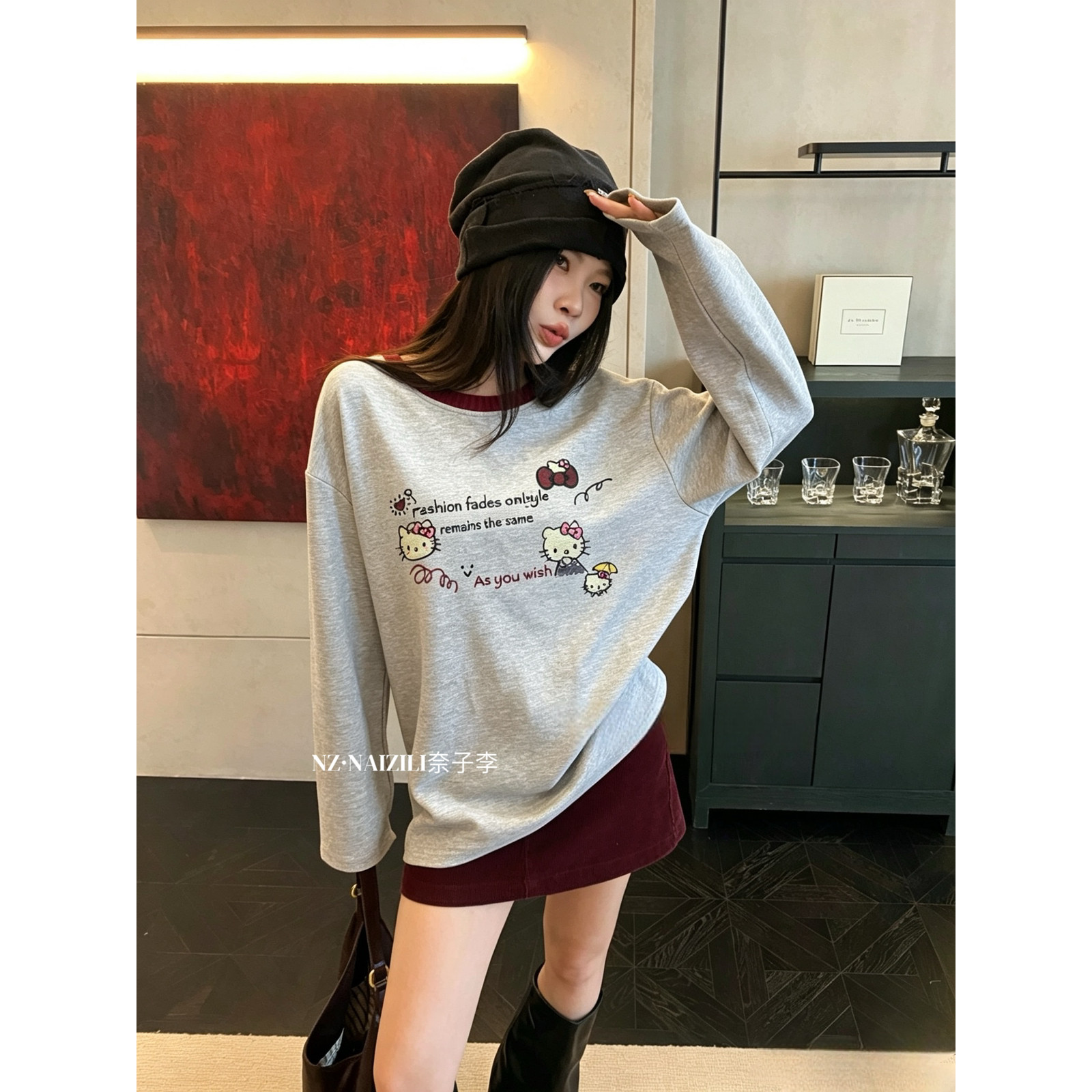 潮流时尚女装系列奈子-秋上新kitty猫撞色拼接长袖T恤26595