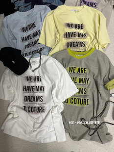 上新!【奈子】时尚休闲风螺纹领个性宽松字母印花短袖T恤 6777#