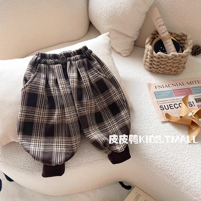 儿童秋冬加绒屁屁裤新款格子裤