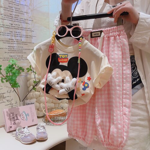 女童米奇短袖格子裤套装夏季新款