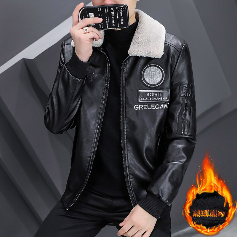 秋冬加绒皮衣羊羔毛翻领型男帅气皮夹克外套XZ313B-1-A06-P130,男装皮衣,星座310B-3
