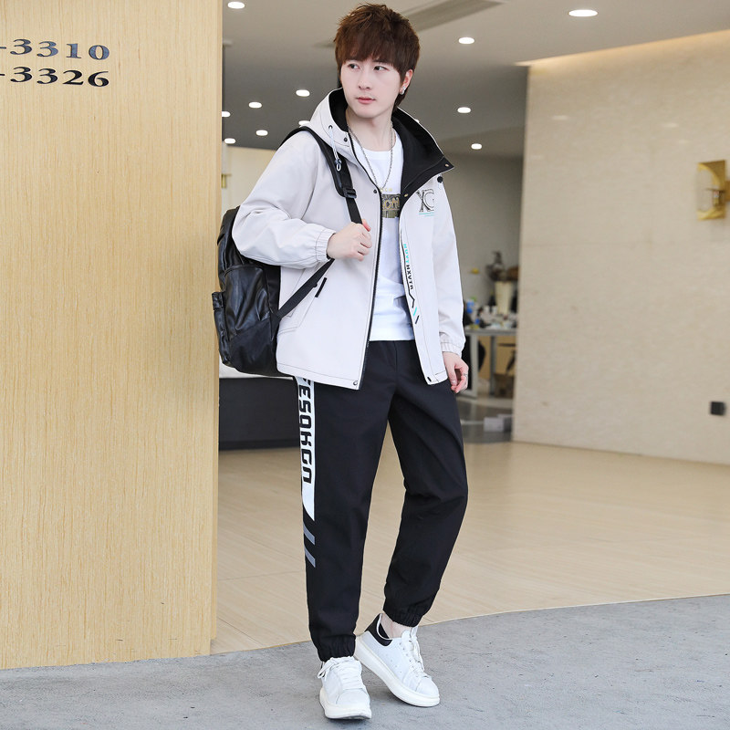 2022春季新款青年男士连帽夹克潮流休闲套装XZ313B-1TZ2202-P95，男装休闲套装，星座310B-3