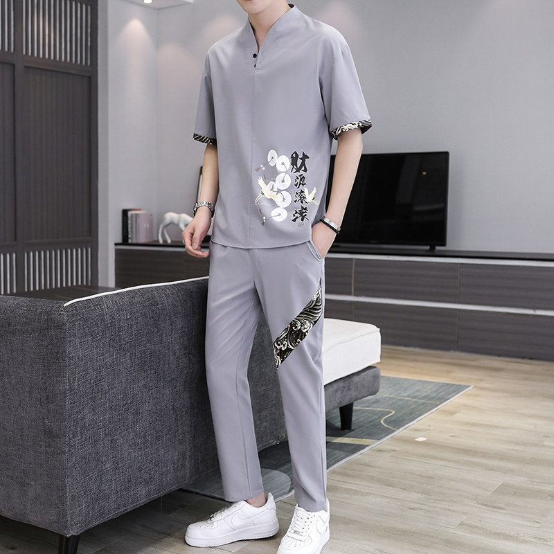 主推大货风短袖男士大码汉服休闲套装XZ313B-1-TZ888-P50图片