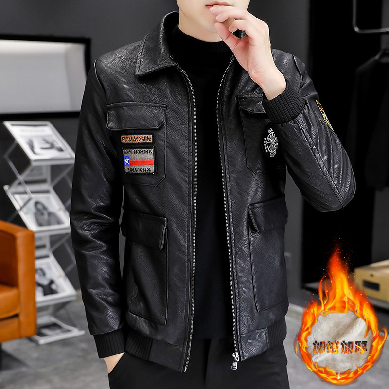 秋冬季加绒皮衣青年个性徽章机车服帅气皮夹克外套男PY1806-P130,男装皮衣,星座310B-3