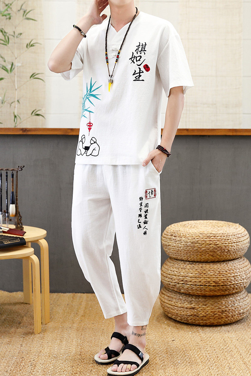 风棉麻套装男短袖大码时尚刺绣两件套XZ313B-1-TZ2016-P48,男装休闲套装,星座310B-3