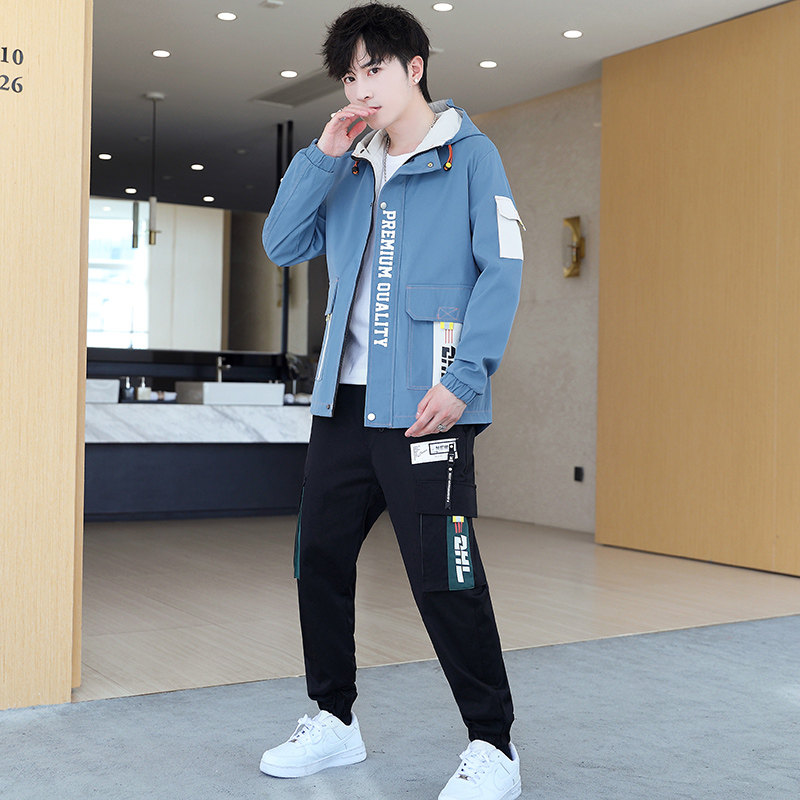 春季青年拉链连帽夹克外套休闲运动套装束脚裤XZ313B-1TZ202,男装休闲套装,星座310B-3