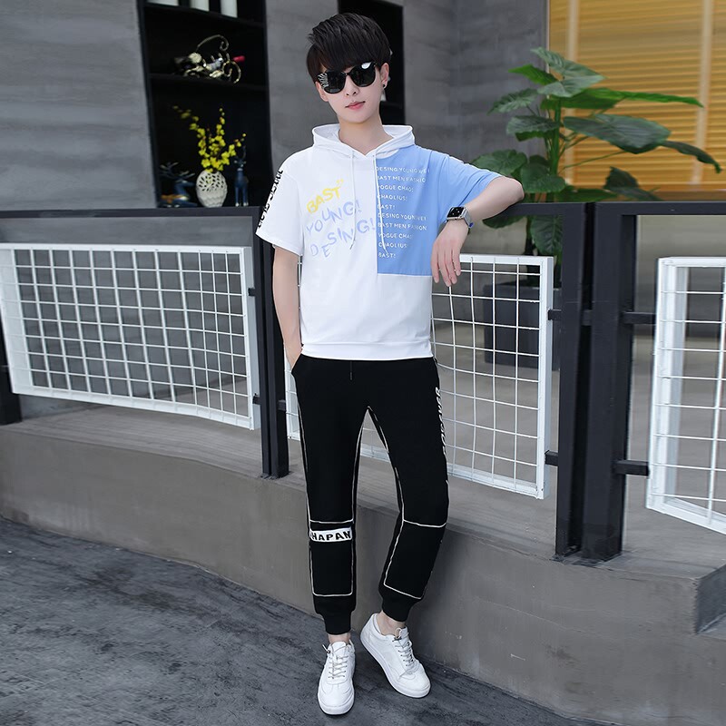 2021夏季新款男士时尚连帽短袖T恤长裤休闲套装XZ313B-1-T143-P70图片