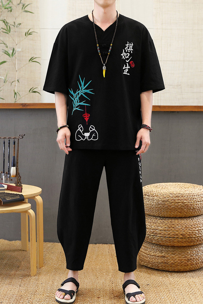 风棉麻套装男短袖大码时尚刺绣两件套XZ313B-1-TZ2016-P48,男装休闲套装,星座310B-3