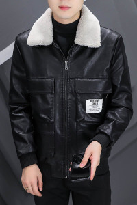 秋冬加绒皮衣羊羔毛翻领型男帅气皮夹克外套XZ313B-1-A03- P130图片