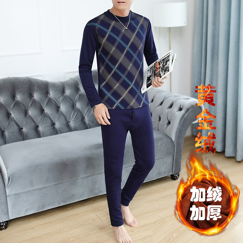 秋冬男士纯棉休闲加绒加厚长袖保暖套装XZ313B-1-TZ88-P65图片