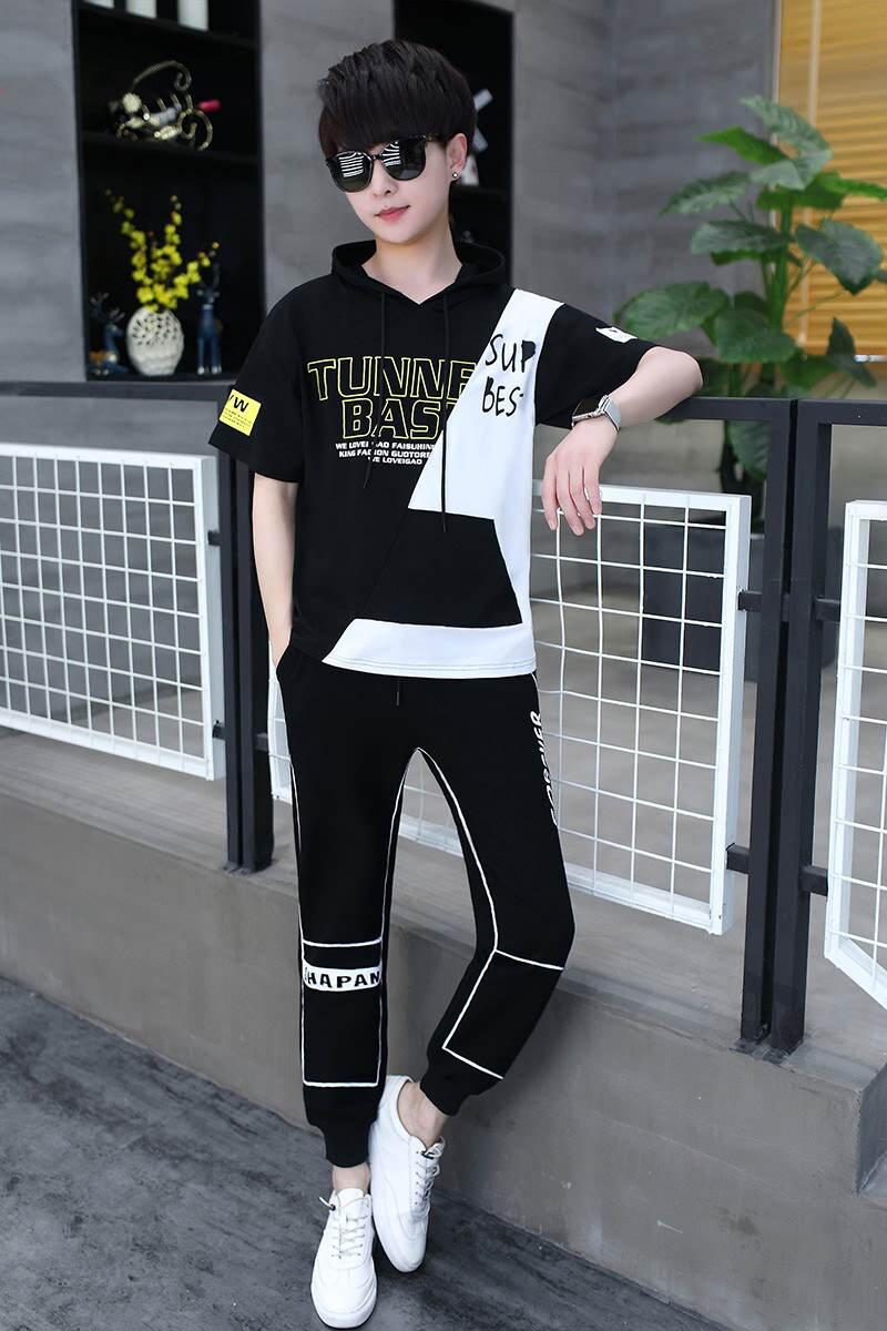 夏季男士时尚连帽短袖T恤长裤休闲套装XZ313B-1-T142-P70,男装休闲套装,星座310B-3