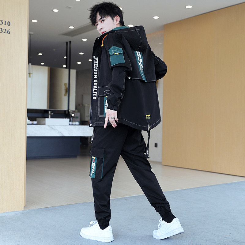 春季男士连帽派克服夹克外套休闲束脚裤套装XZ313B-1TZ202图片