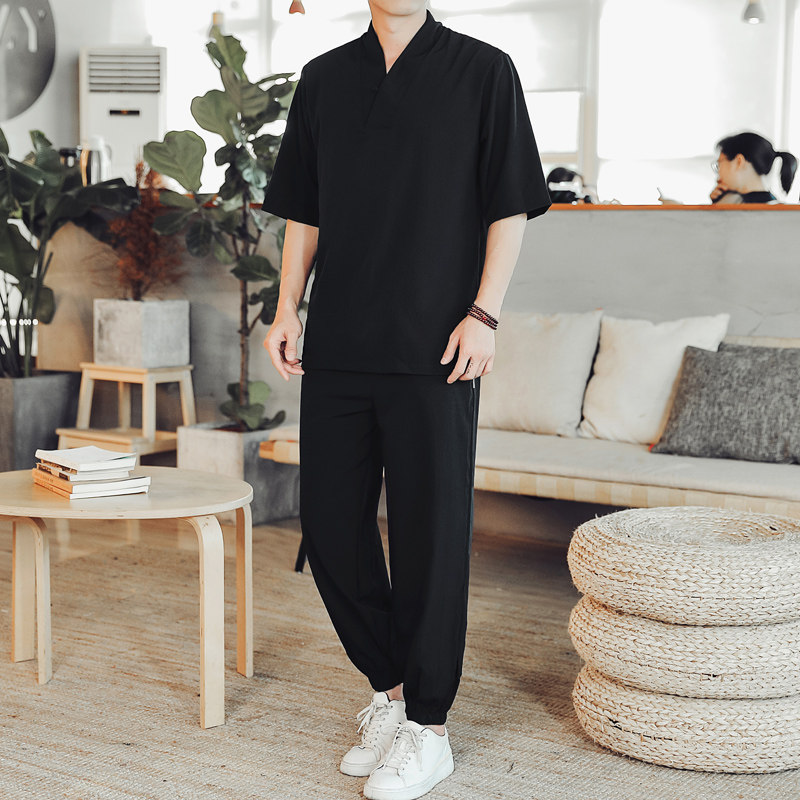 2021主推风短袖男士大码汉服休闲套装XZ313B-1-TZ089-P45图片