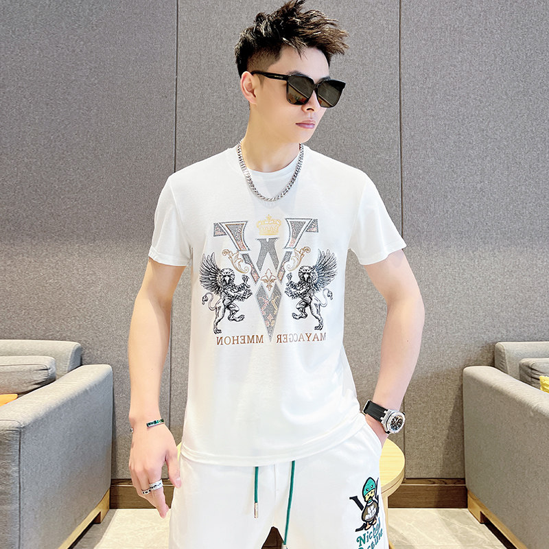 抖音品质欧版男士高品质烫钻圆领短袖T恤XZ313B-1-DX2202-P40图片
