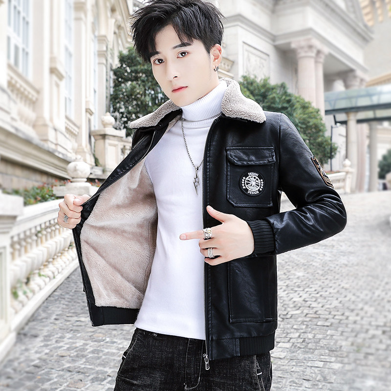 冬季加绒皮衣青年个性徽章机车服帅气皮夹克外套男PY1806-P130,男装皮衣,星座310B-3