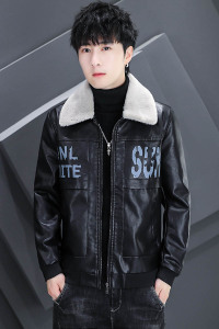秋冬加绒羊羔毛翻领印花休闲男士皮衣夹克外套XZ313B-1-A008-P130图片