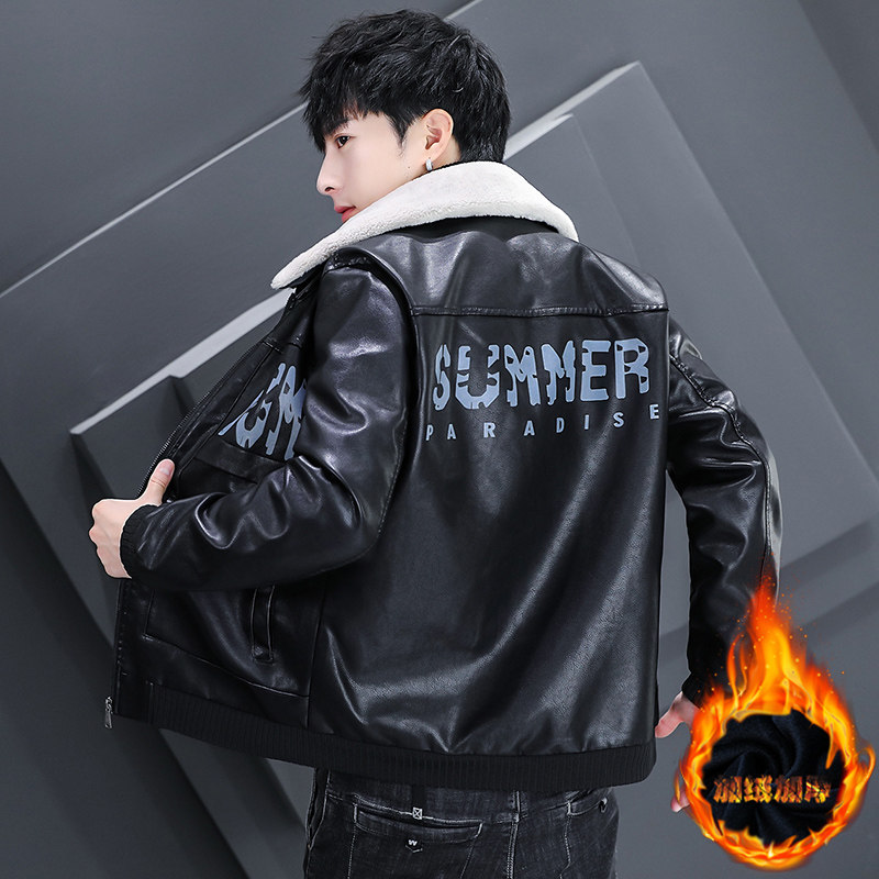 秋冬加绒羊羔毛翻领印花休闲男士皮衣夹克外套XZ313B-1-A008-P130，男装皮衣，星座310B-3