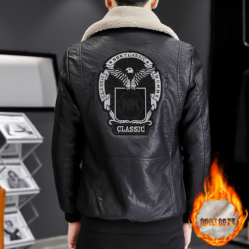 秋冬季加绒皮衣青年个性徽章机车服帅气皮夹克外套男PY1806-P130,男装皮衣,星座310B-3