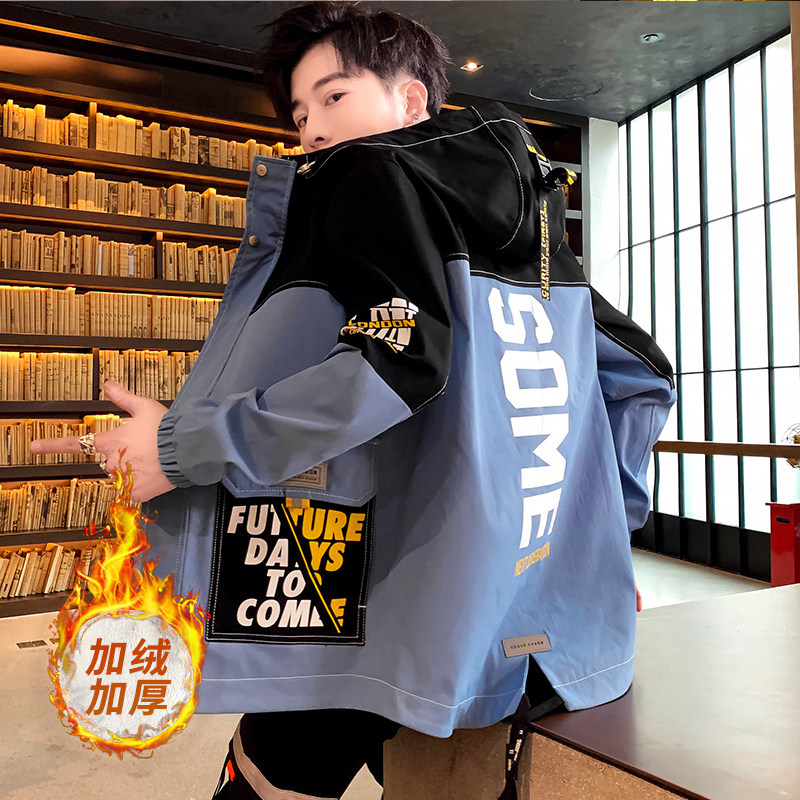 夹克男秋冬季潮流ins加绒加厚连帽工装外套XZ313B-1-R1201-P70图片