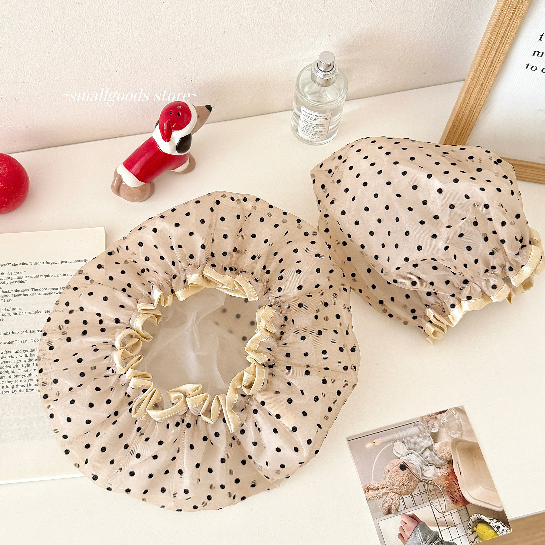 香槟色复古波点蕾丝浴帽双层透气洗头帽沐浴洗头防湿便携束发帽