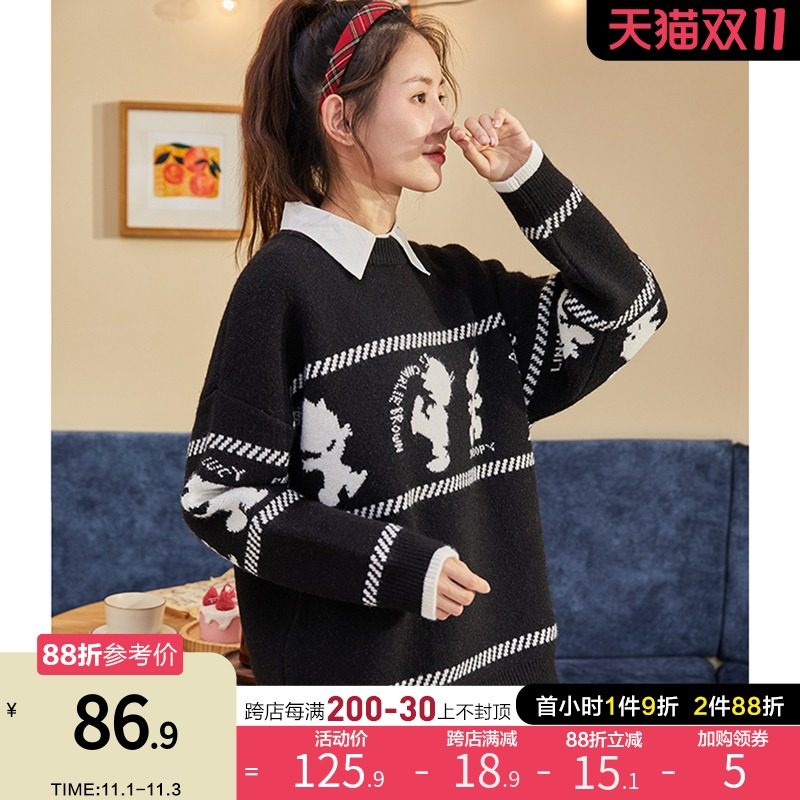 [史努比]唐狮2021秋新款毛衣女复古日系慵懒风宽松外穿黑色毛线衫
