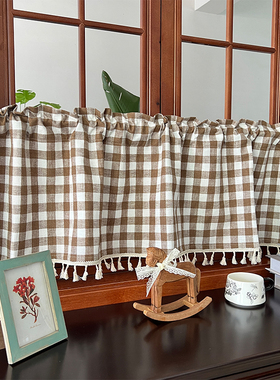 美式乡村格子窗帘半帘遮光厨房隔断帘卧室阳台飘窗纱帘格子窗帘